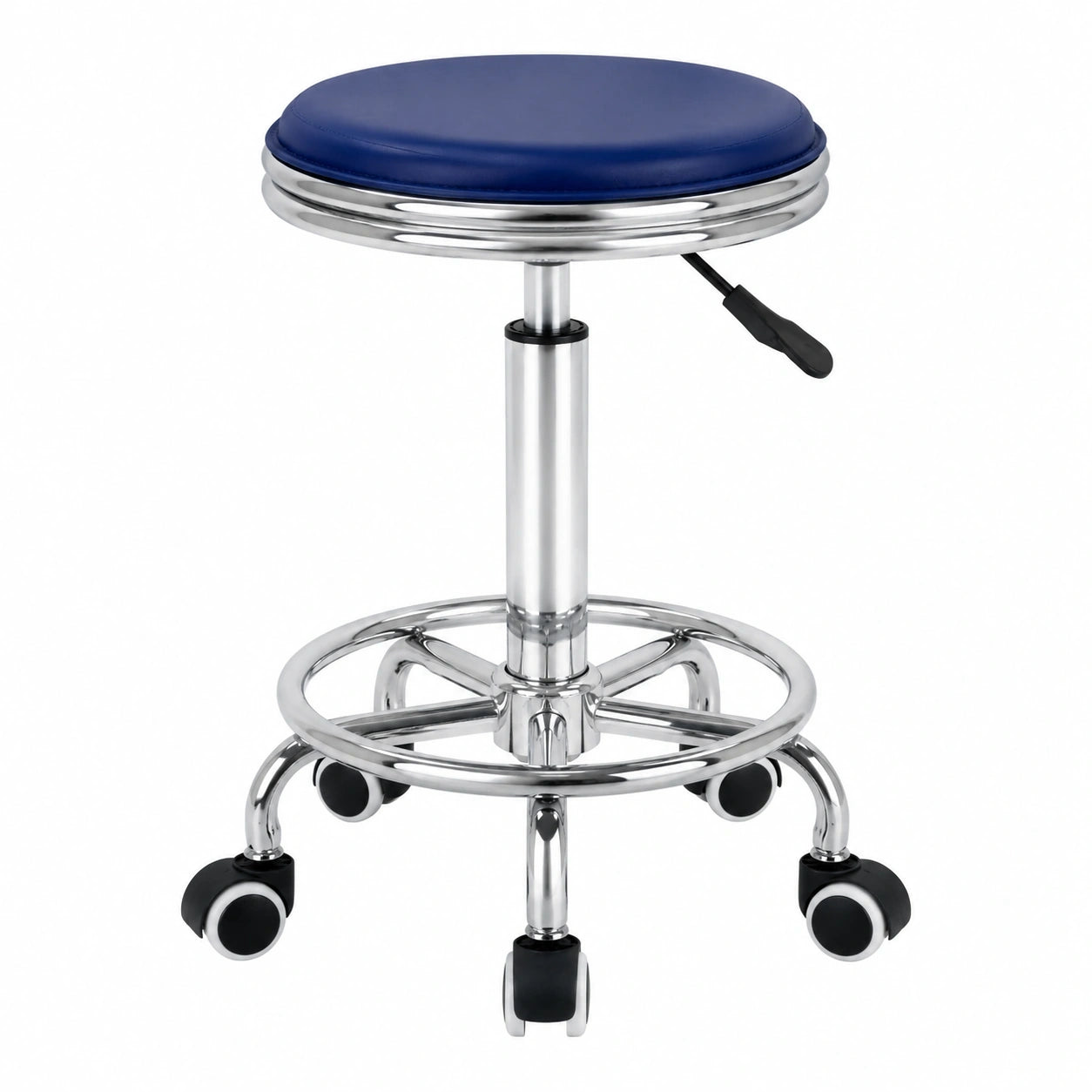 Ergonomischer Rollhocker mit Höhenverstellung und Fußstütze, Blaues PU-Leder