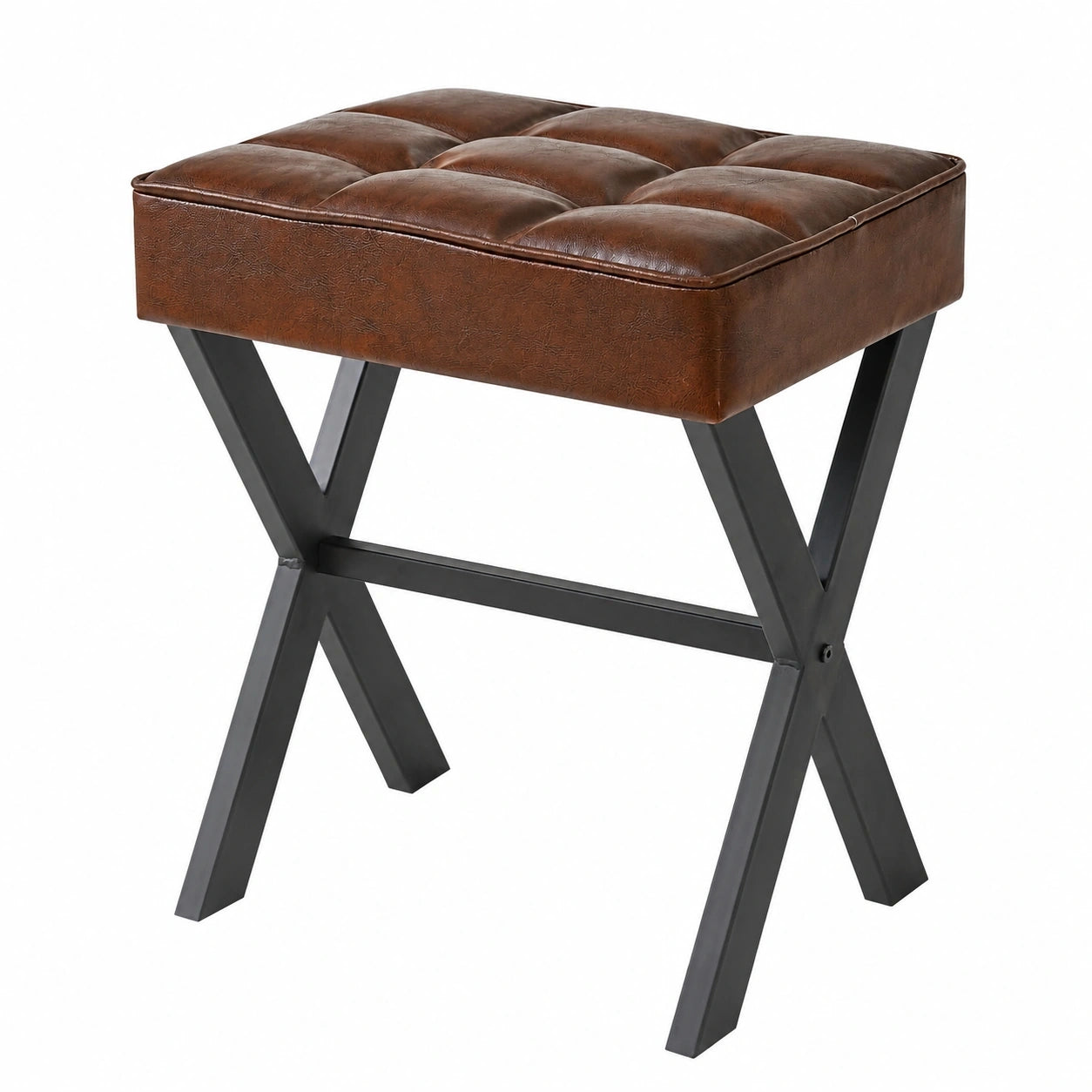 Quadratischer Schminkhocker mit X-Beinen aus PU-Leder, vielseitig als Beistelltisch, Braun