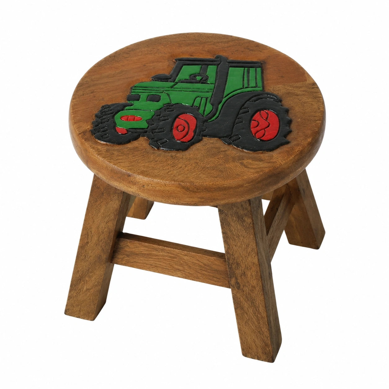 Handgefertigter Holzhocker für Kinder mit Traktor-Motiv