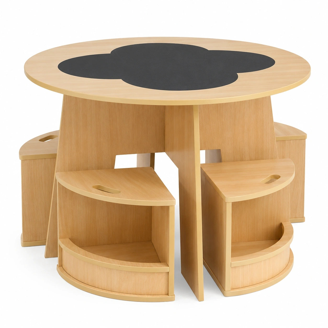 FANTASK Kindertisch-Set mit 4 Aufbewahrungshockern, Rund, ab 3 Jahren, Naturholz
