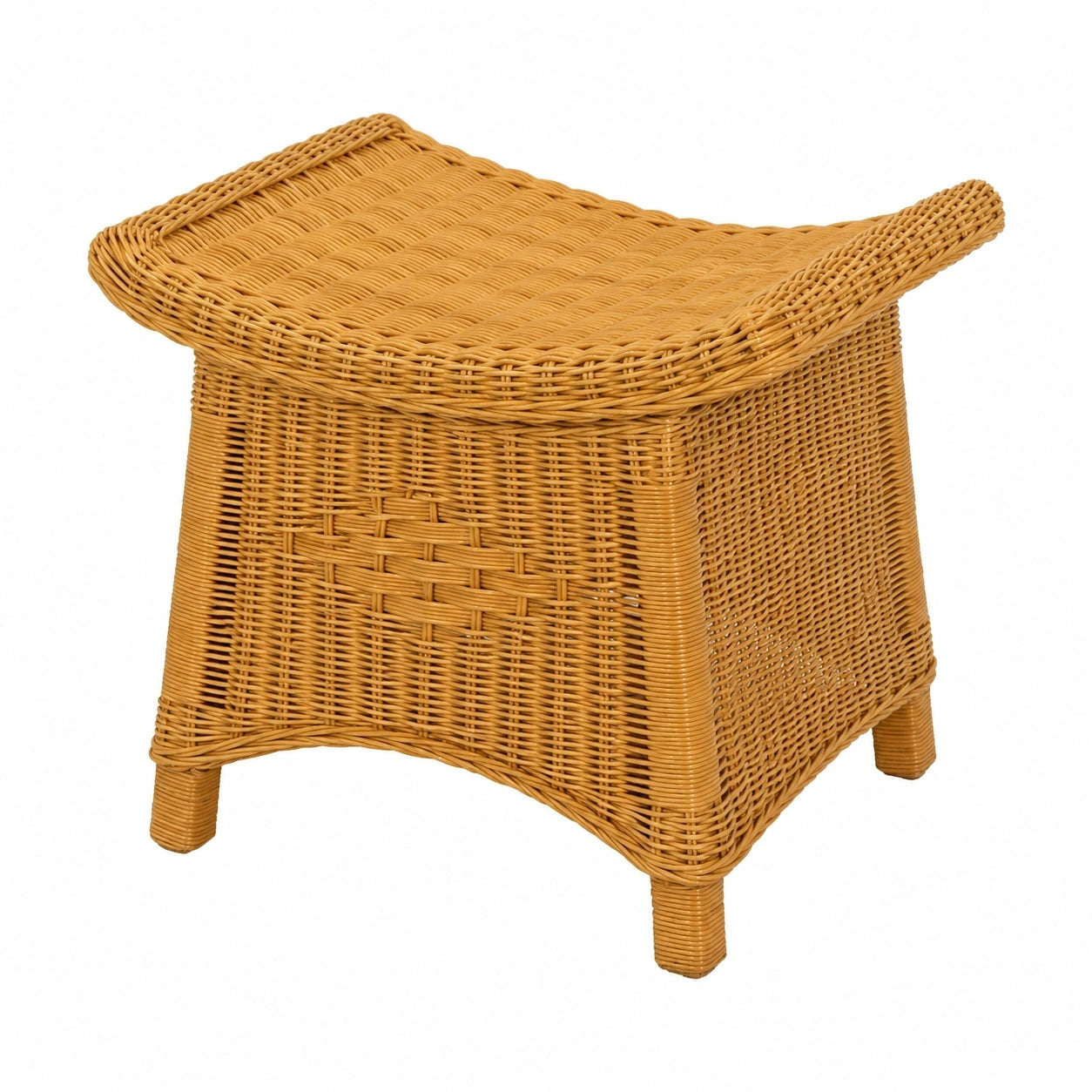 Eleganter Rattan-Fußhocker in Honigbraun mit geschwungener Ablage
