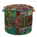 Handgefertigter Patchwork-Hocker Grün Baumwolle Bestickt Dekorativer Sitzpouf 55cm - Nur Bezug