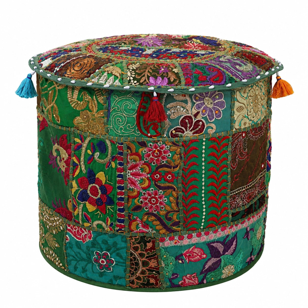 Handgefertigter Patchwork-Hocker Grün Baumwolle Bestickt Dekorativer Sitzpouf 55cm - Nur Bezug