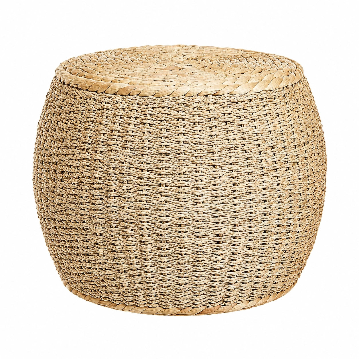 Runder Boho-Pouf aus Seegras und Wasserhyazinthe, Ø 40 cm, Handgefertigt